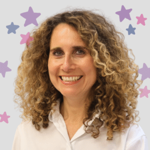 image of dr sara johnstone with a star print background